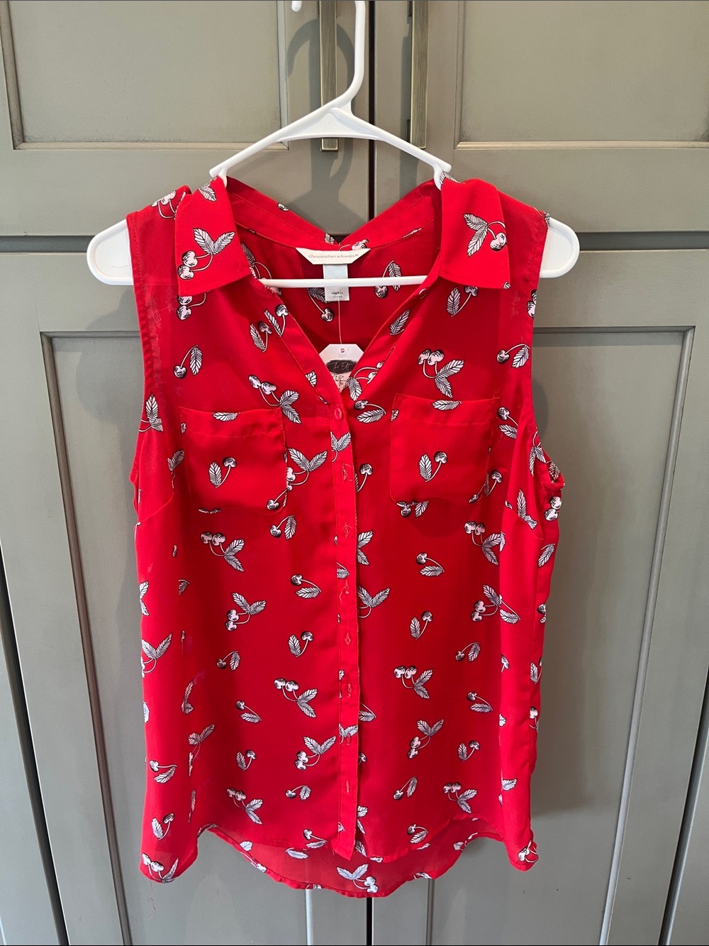 Christopher & Banks Red Sleeveless Cherry-print 🍒 Button Front Camisole